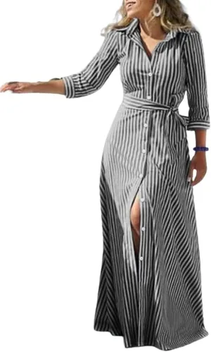 utcoco Women's 2025 Spring Summer Casual Striped Maxi Dress Button Down Linen Shirt Dress with Belt