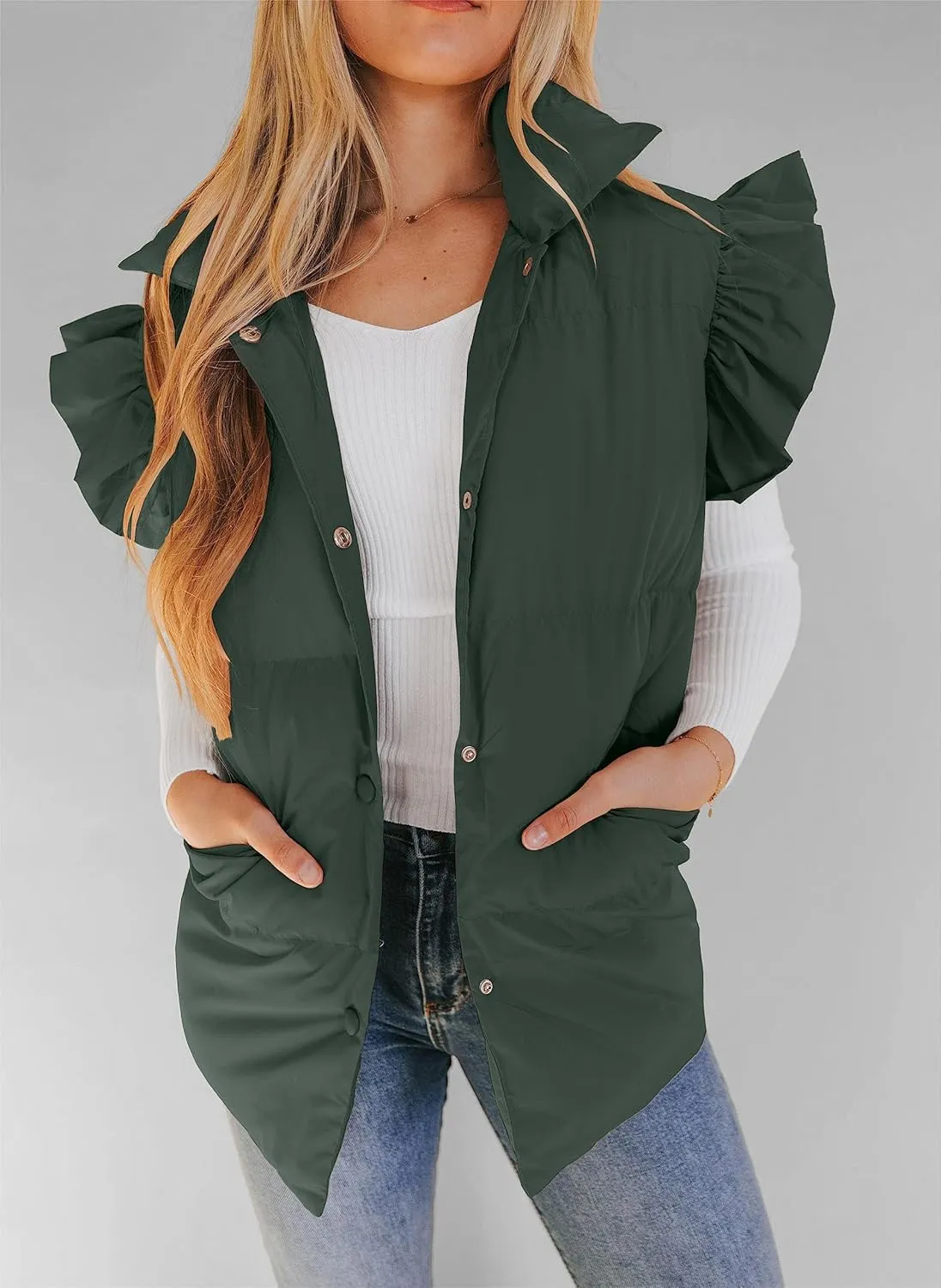 Valphsio Women's Puffer Vests Ruffle Sleeve Winter Button Down Padded Gilet with Pockets
