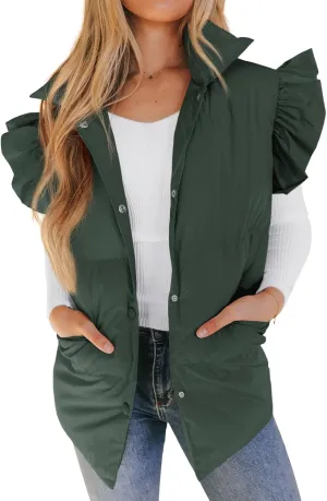 Valphsio Women's Puffer Vests Ruffle Sleeve Winter Button Down Padded Gilet with Pockets