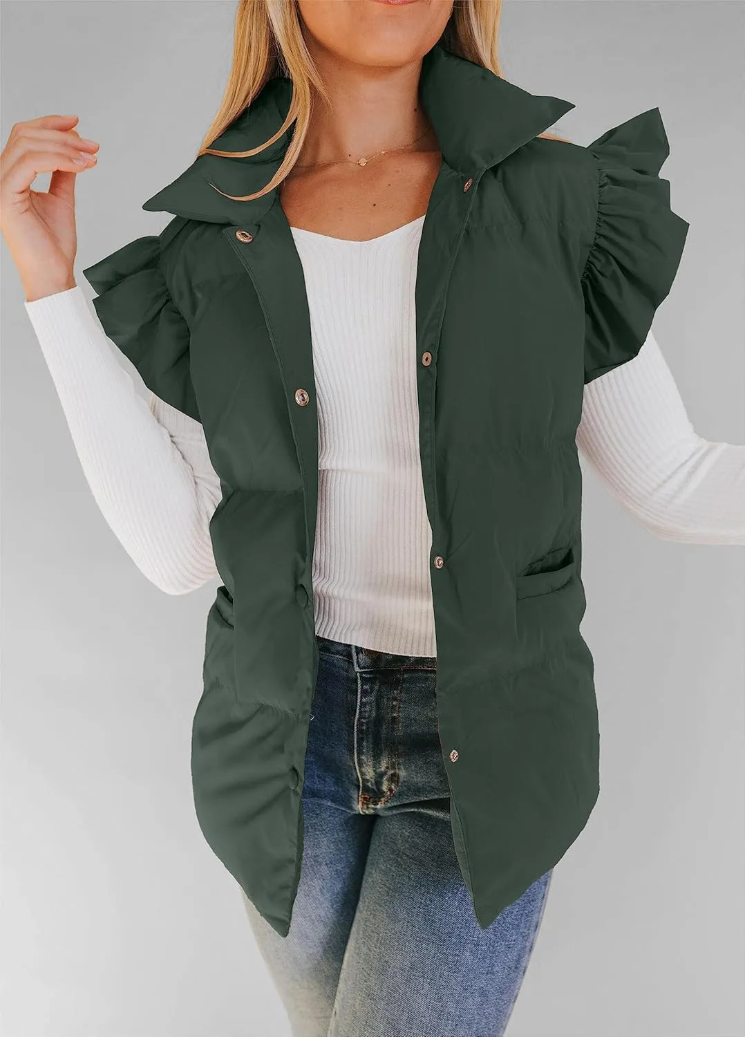 Valphsio Women's Puffer Vests Ruffle Sleeve Winter Button Down Padded Gilet with Pockets