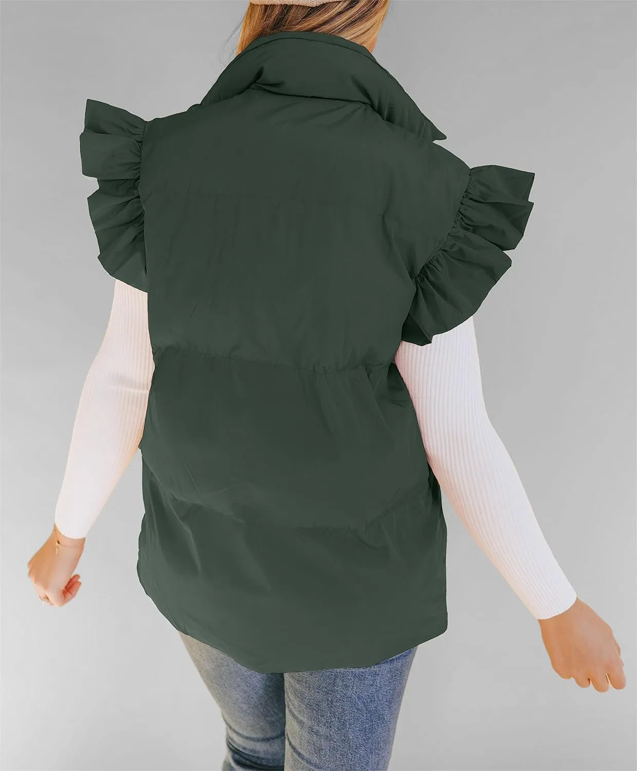 Valphsio Women's Puffer Vests Ruffle Sleeve Winter Button Down Padded Gilet with Pockets
