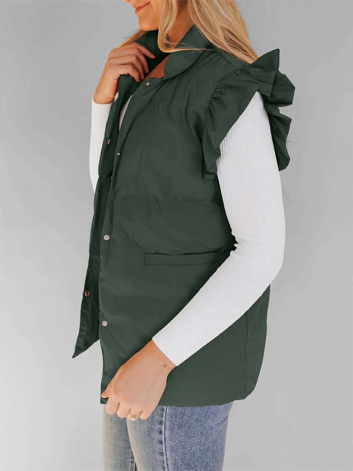 Valphsio Women's Puffer Vests Ruffle Sleeve Winter Button Down Padded Gilet with Pockets