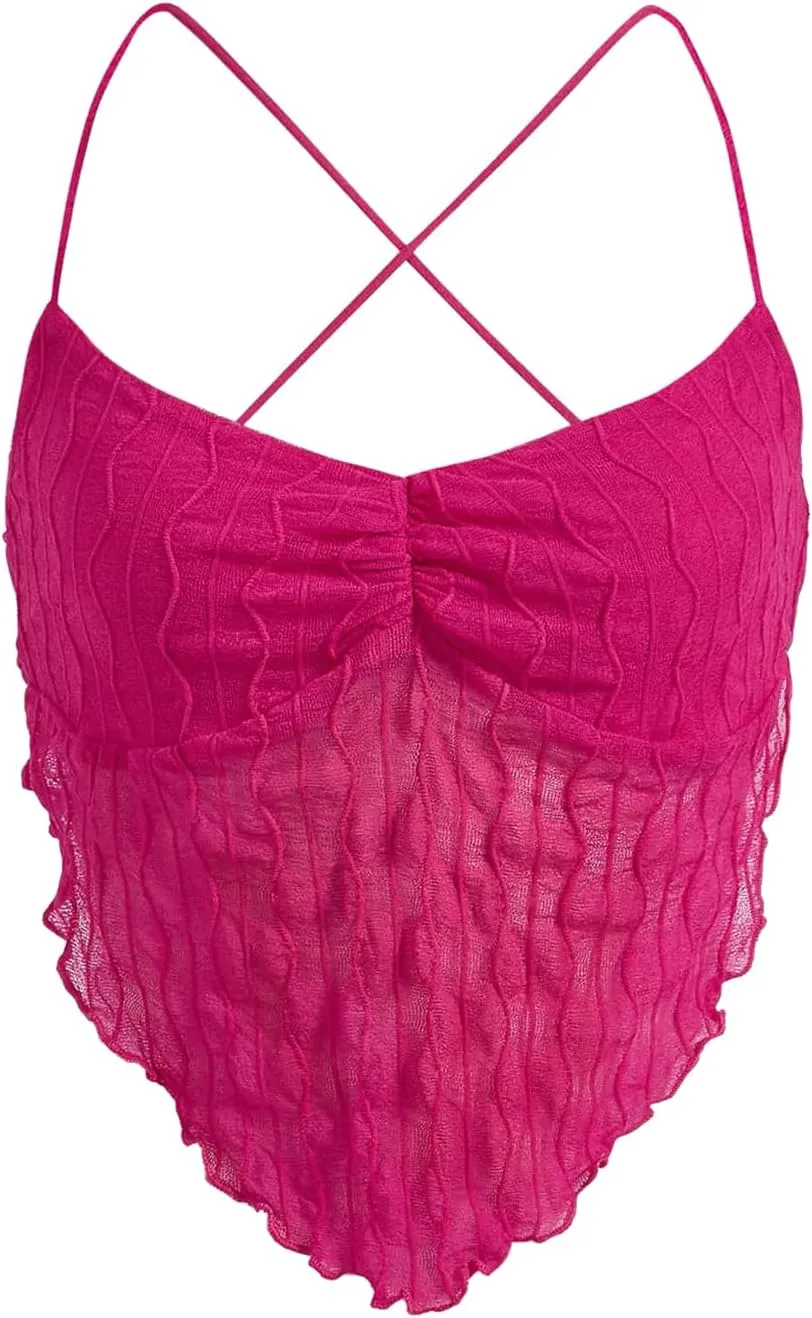 Verdusa Women's Criss Cross Backless Strappy Asymmetrical Hem Crop Cami Top