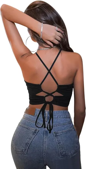 Verdusa Women's Crisscross Tie Back Lace Up Sleeveless Halter Crop Top