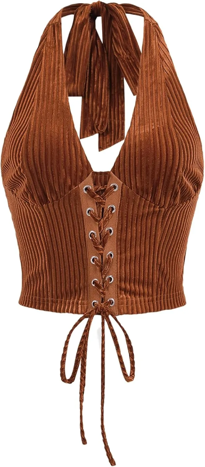 Verdusa Women's Sleeveless Halter Neck Lace Up Front Tie Back Crop Top