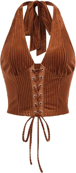 Verdusa Women's Sleeveless Halter Neck Lace Up Front Tie Back Crop Top