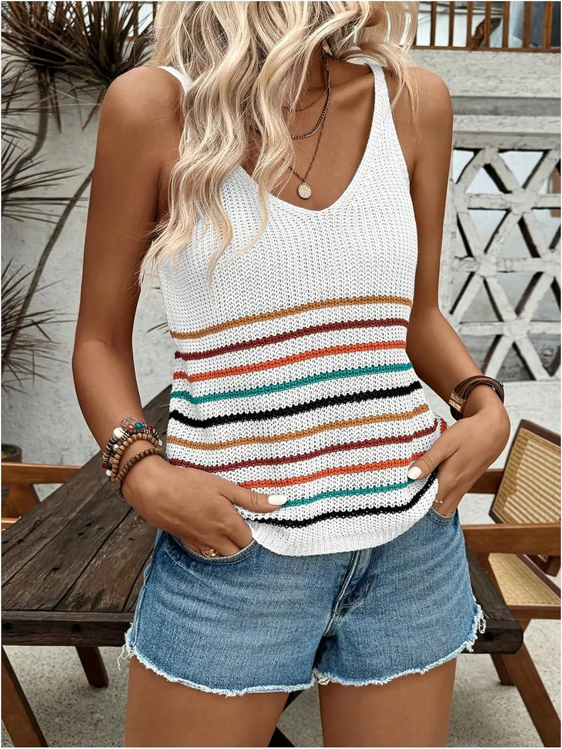 Verdusa Women's V Neck Sleeveless Knitted Tops Striped Crochet Tank Top