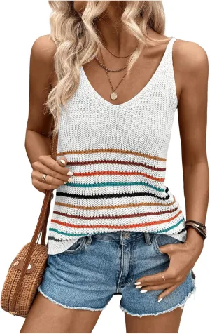Verdusa Women's V Neck Sleeveless Knitted Tops Striped Crochet Tank Top