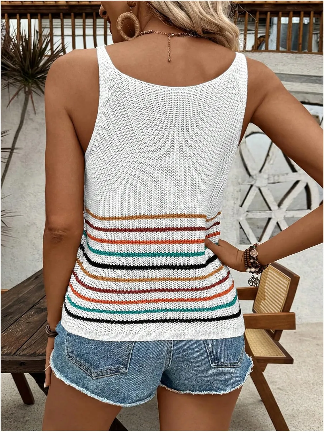 Verdusa Women's V Neck Sleeveless Knitted Tops Striped Crochet Tank Top