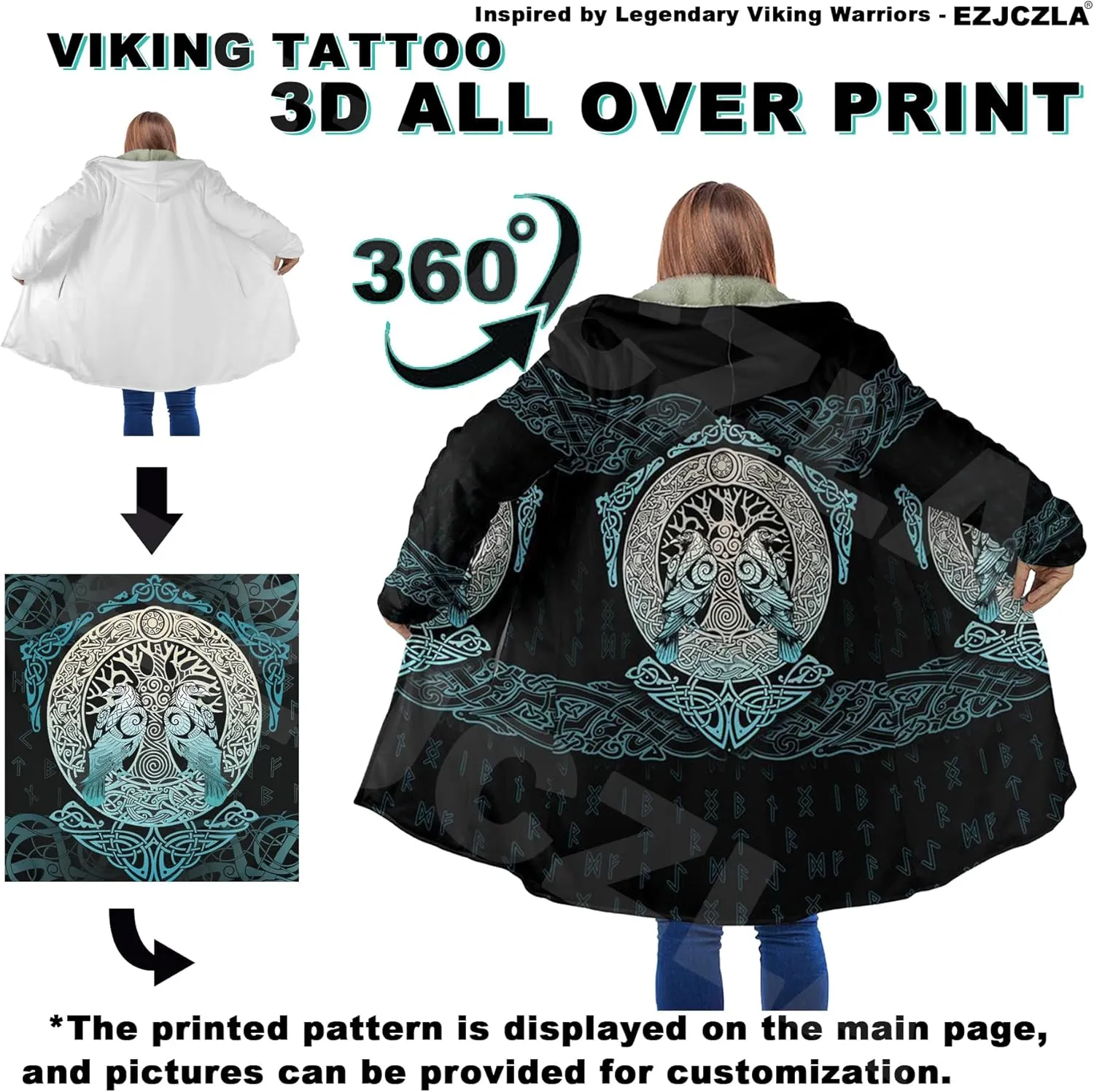 Viking 3D Print Men's Winter Faux Cashmere Warm Parka Coat Fenrir Wolf Coats with Hood Stylish Mid Long Unisex Cape