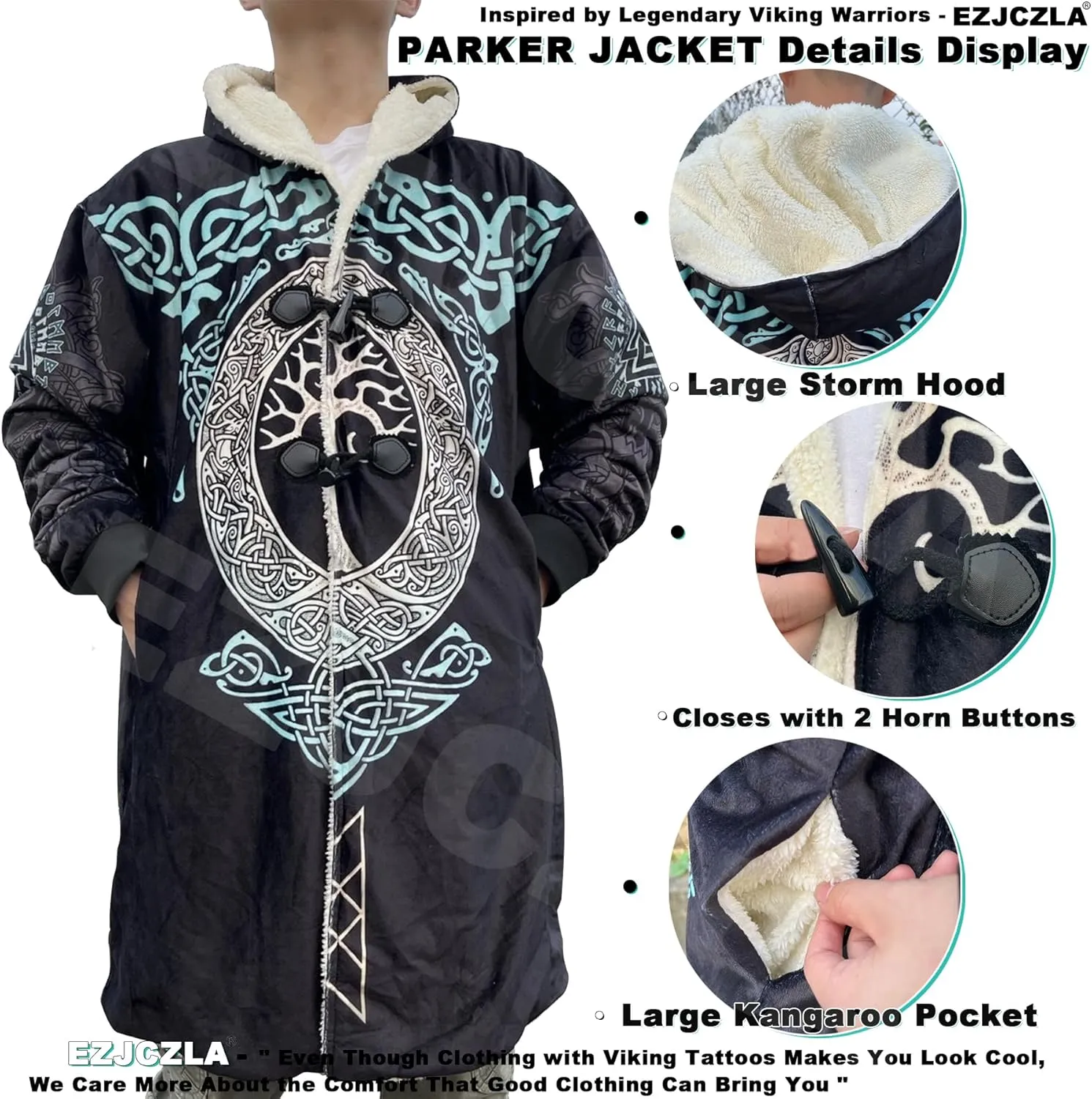 Viking 3D Print Men's Winter Faux Cashmere Warm Parka Coat Fenrir Wolf Coats with Hood Stylish Mid Long Unisex Cape