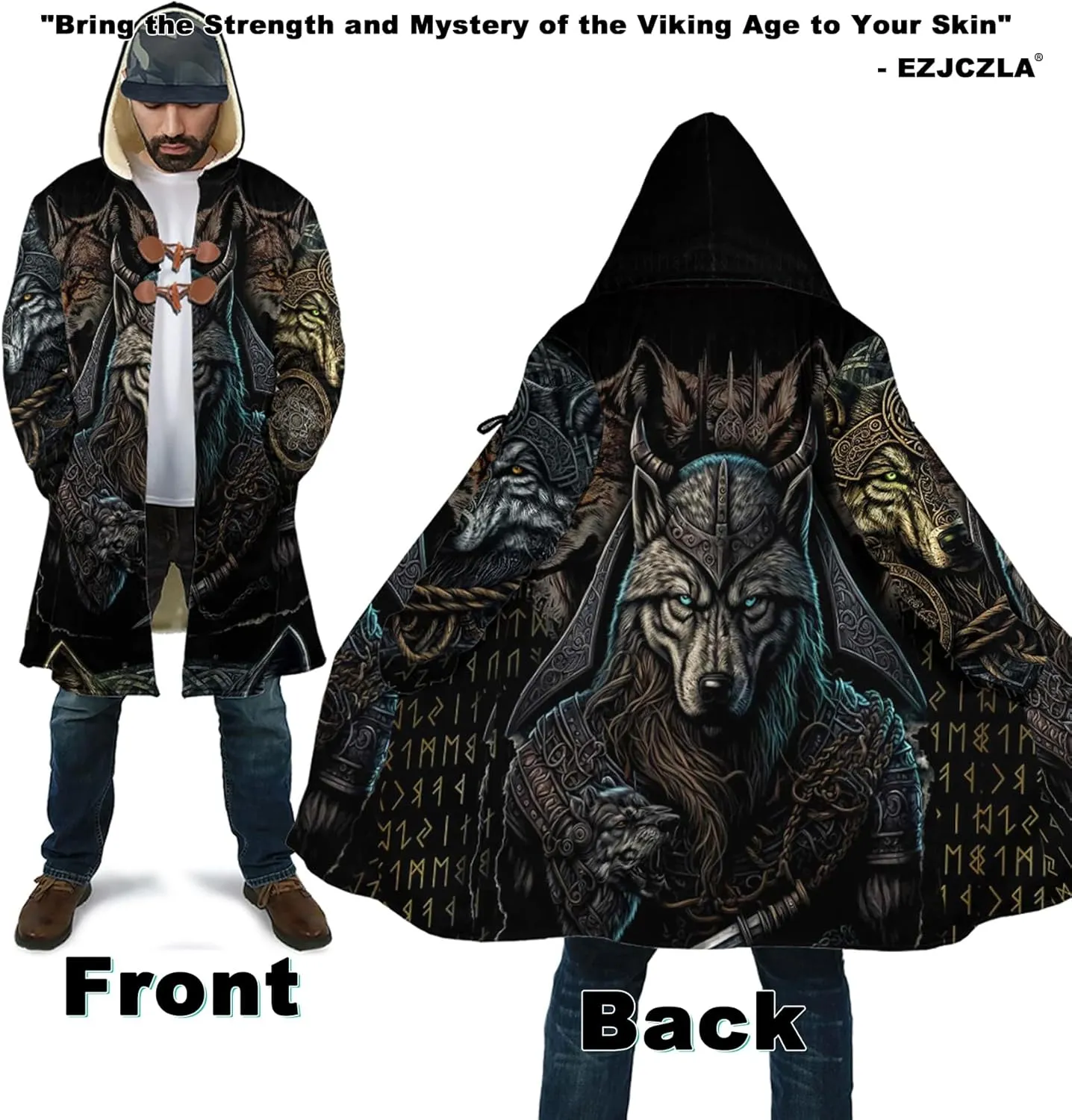 Viking 3D Print Men's Winter Faux Cashmere Warm Parka Coat Fenrir Wolf Coats with Hood Stylish Mid Long Unisex Cape