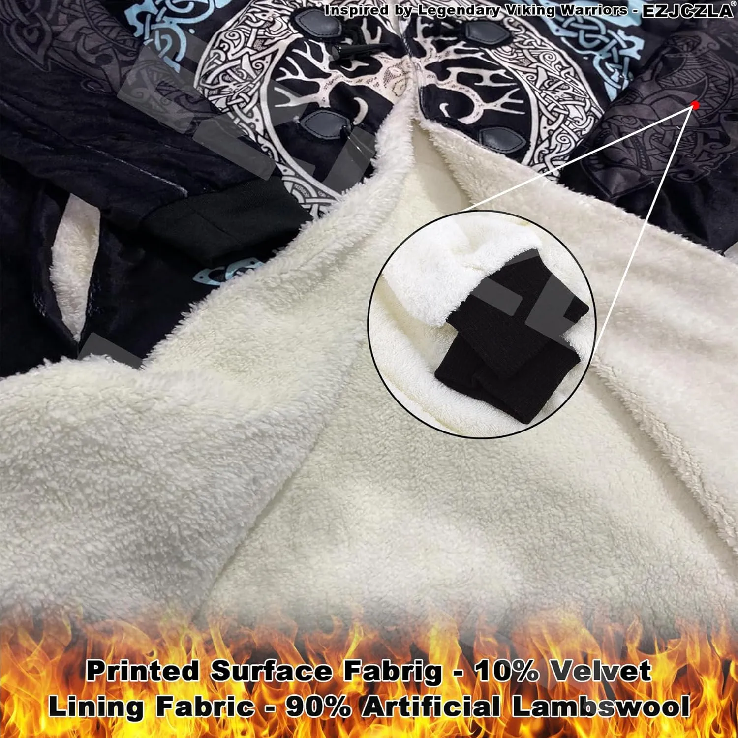 Viking 3D Print Men's Winter Faux Cashmere Warm Parka Coat Fenrir Wolf Coats with Hood Stylish Mid Long Unisex Cape