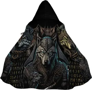 Viking 3D Print Men's Winter Faux Cashmere Warm Parka Coat Fenrir Wolf Coats with Hood Stylish Mid Long Unisex Cape