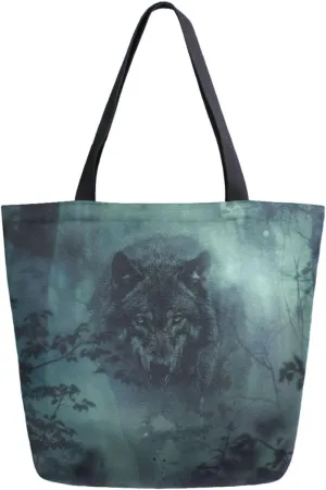 Vivid Pattern Extra Large Shoulder Grocery Tote Bag, Foggy Forest Hungry Wolf Canvas Daily Handle Bag for Gym Weekender Beach Travel Kitchen Reusable Market Shopping
