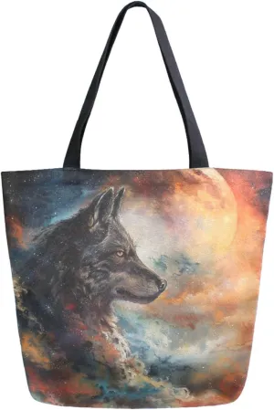 Vivid Pattern Extra Large Shoulder Grocery Tote Bag, Magic Colors Sky Moon Wolf Canvas Daily Handle Bag for Gym Weekender Beach Travel Kitchen Reusable Market Shopping, ojk69758538p281c318s555