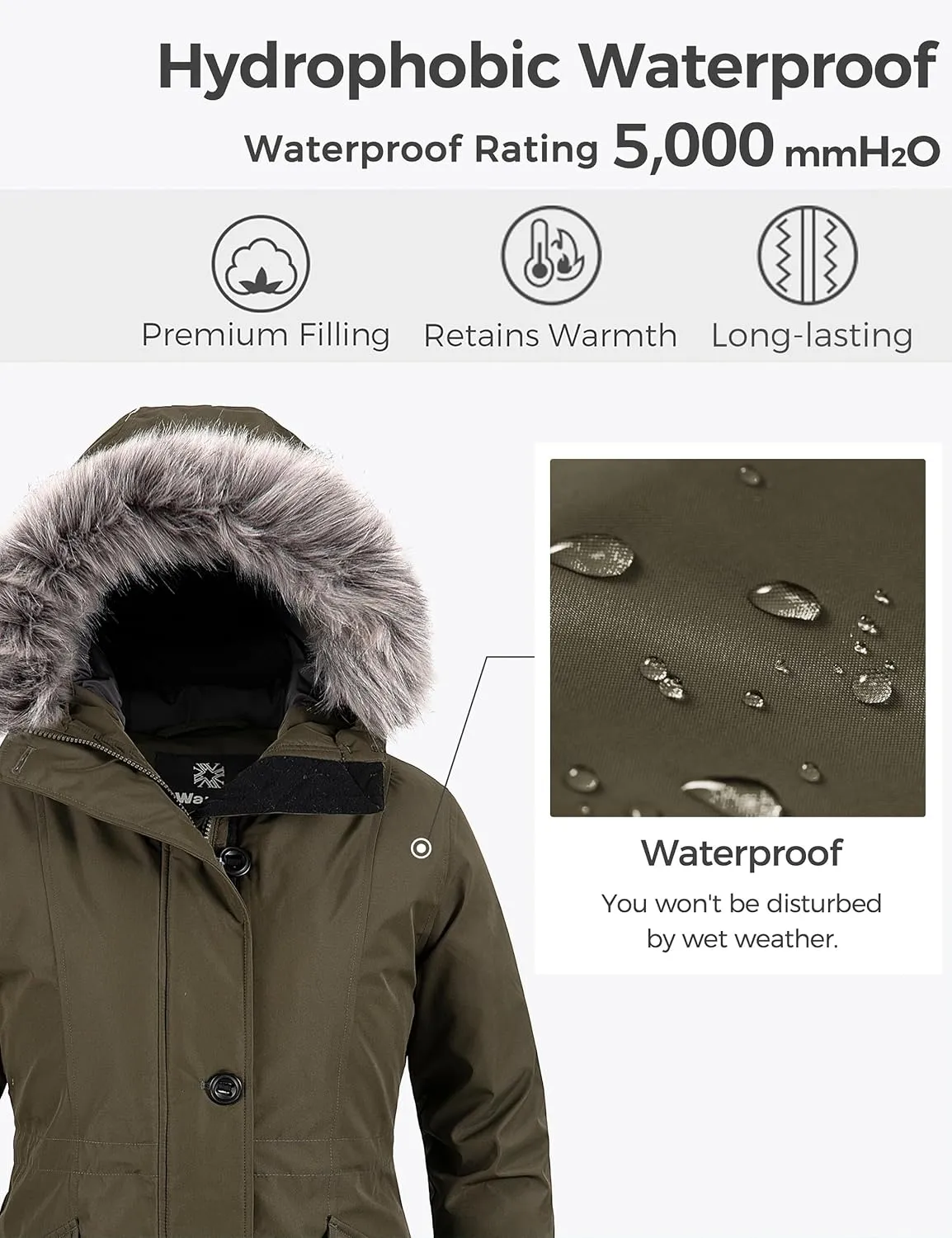 wantdo Women's Hooded Winter Coat Waterproof Warm Long Puffer Jacket Parka