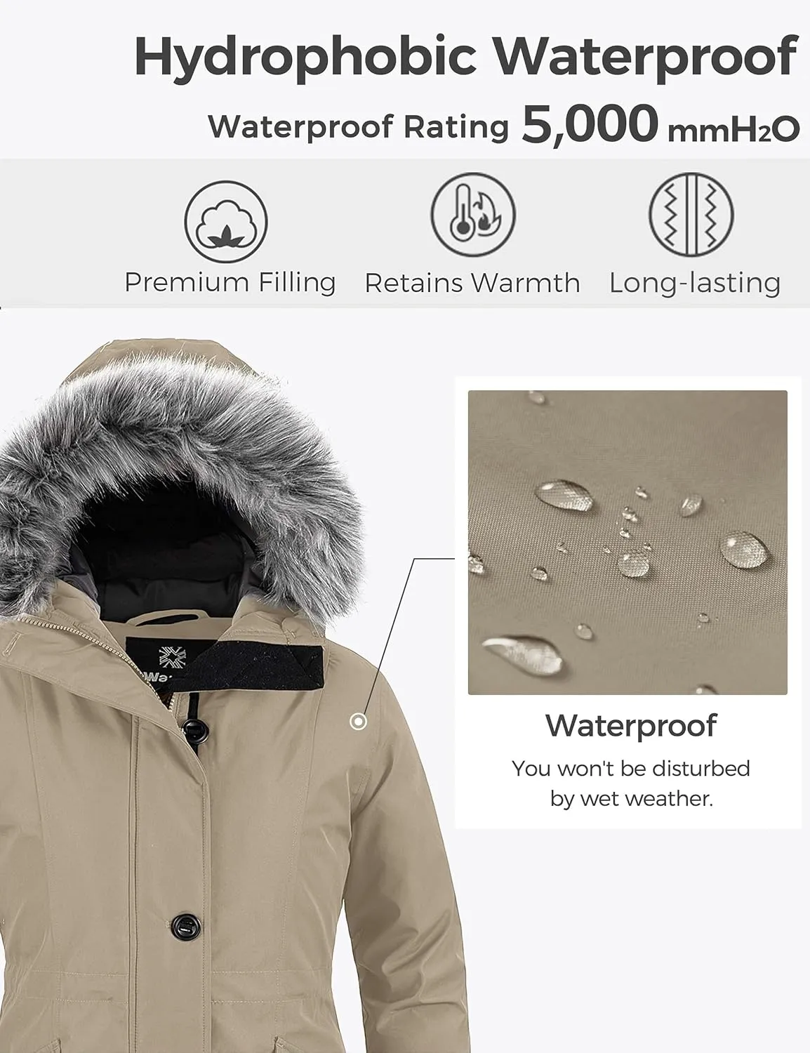 wantdo Women's Hooded Winter Coat Waterproof Warm Long Puffer Jacket Parka