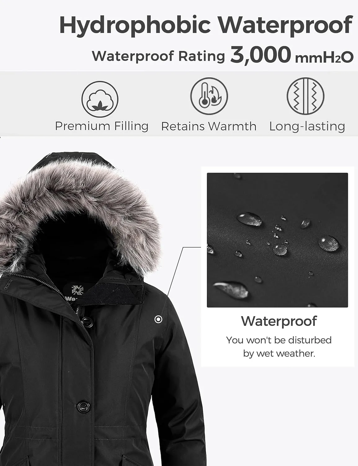 wantdo Women's Hooded Winter Coat Waterproof Warm Long Puffer Jacket Parka