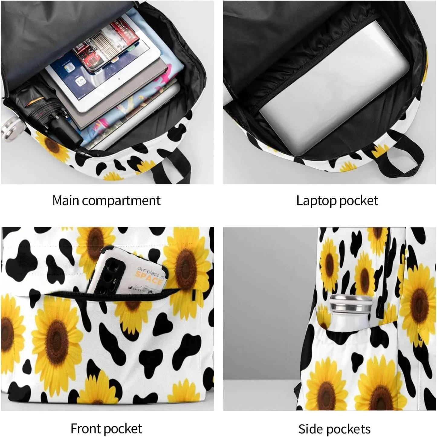 Wavy Sunflower Cow Spot Adult Backpacks 15 Inch Laptop Backpack Travel Bag for Men Women Gifts