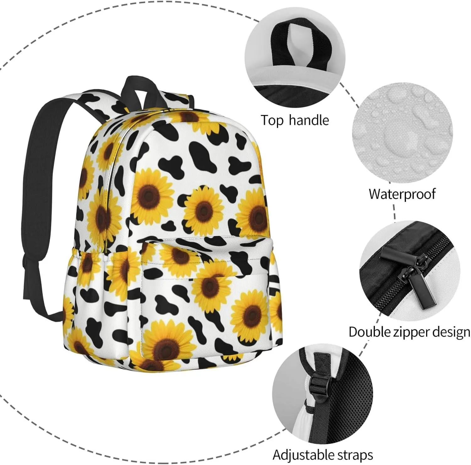 Wavy Sunflower Cow Spot Adult Backpacks 15 Inch Laptop Backpack Travel Bag for Men Women Gifts