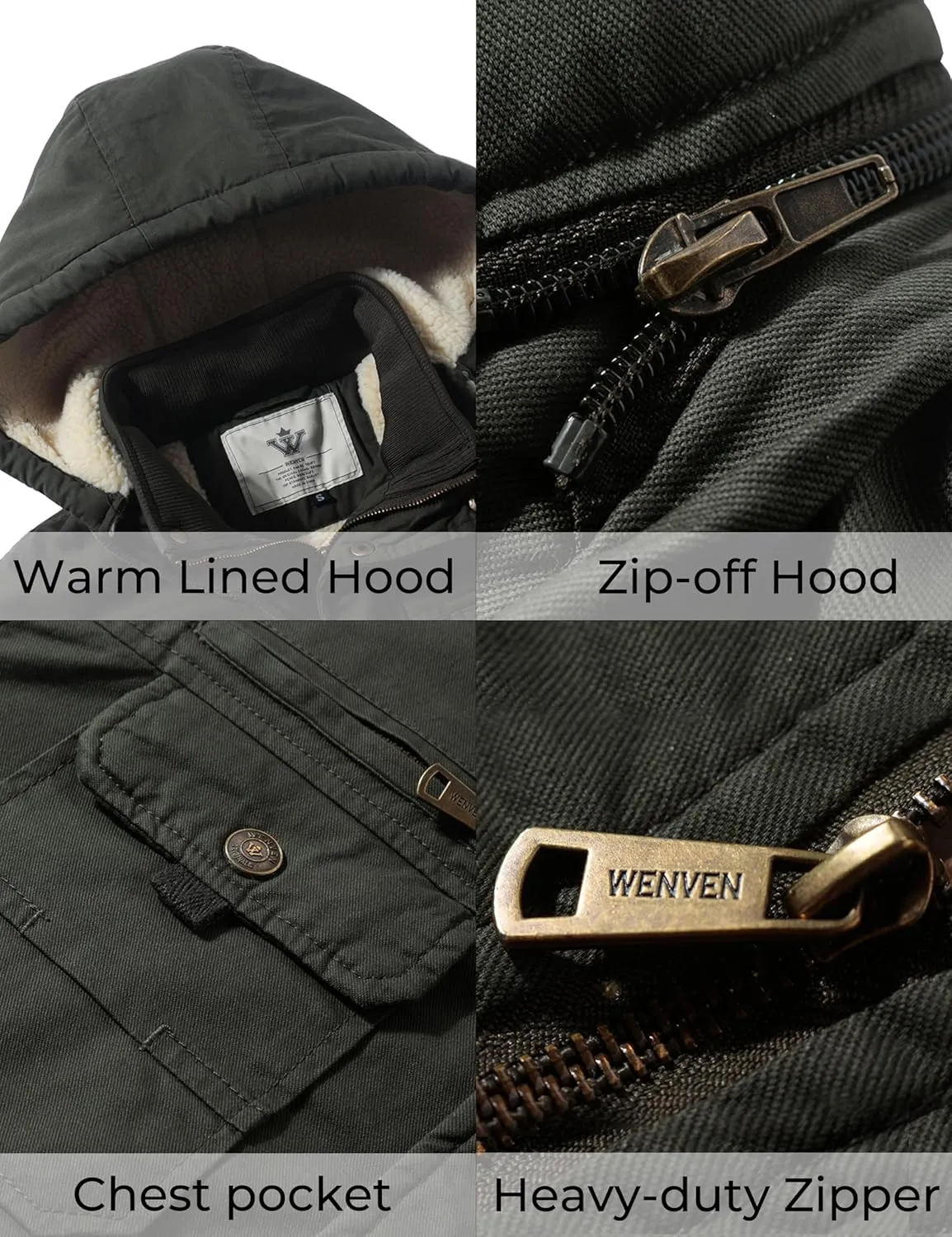 WenVen Men's Winter Sherpa Parka Mid Length Thicken Military Style Warm Jacket with Removable Hood