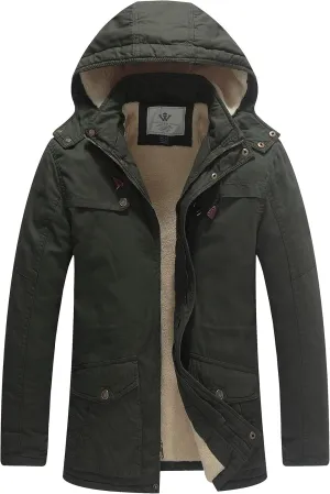 WenVen Men's Winter Sherpa Parka Mid Length Thicken Military Style Warm Jacket with Removable Hood