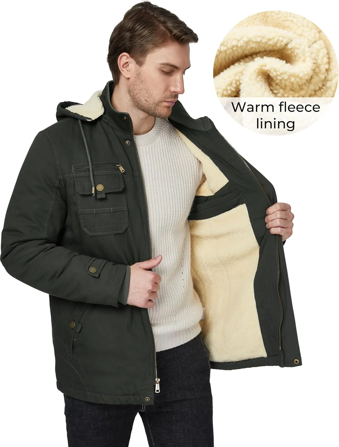 WenVen Men's Winter Sherpa Parka Mid Length Thicken Military Style Warm Jacket with Removable Hood