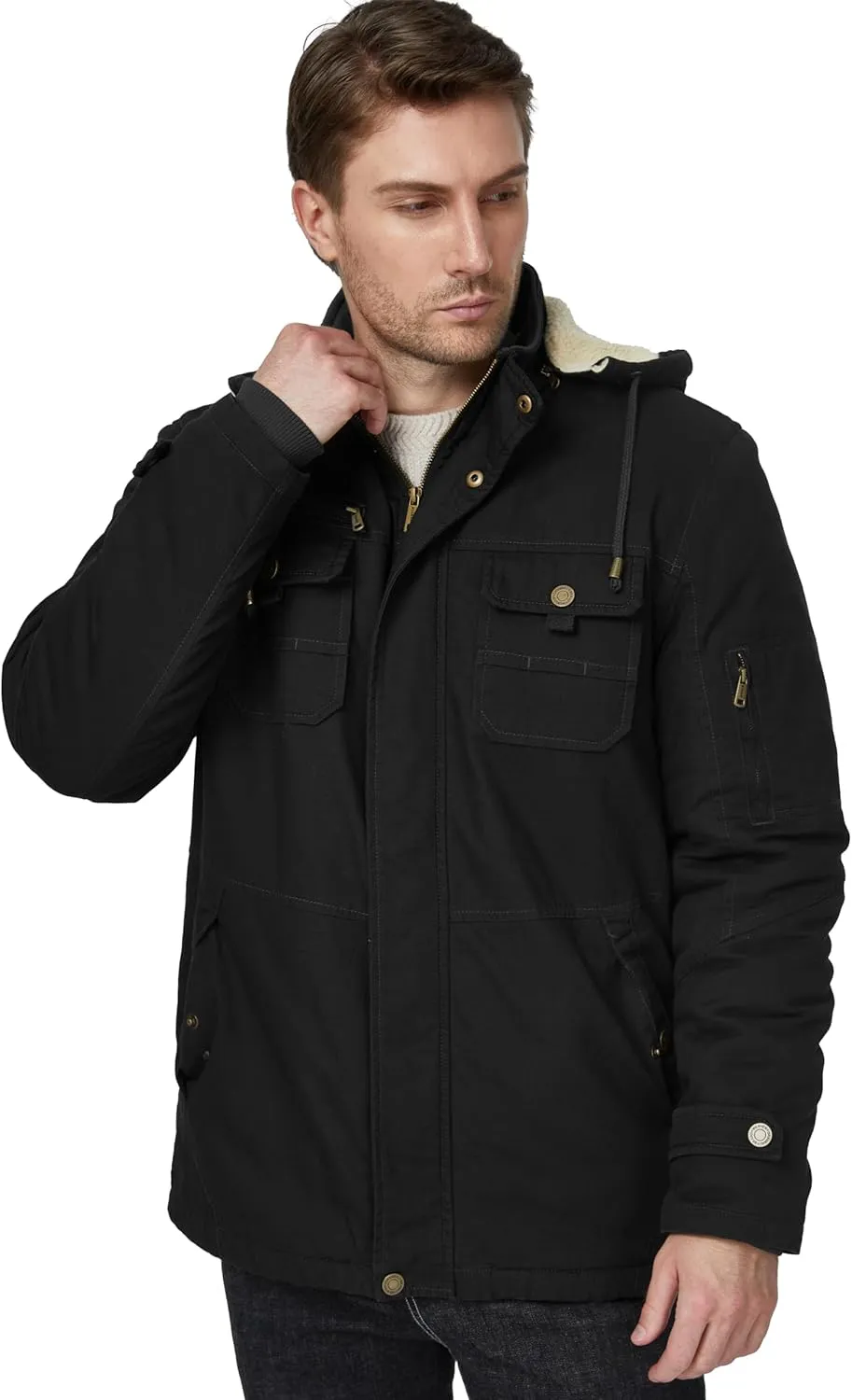WenVen Men's Winter Sherpa Parka Mid Length Thicken Military Style Warm Jacket with Removable Hood