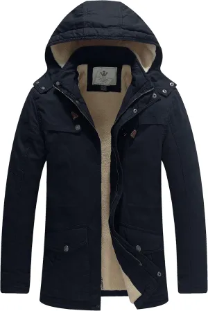 WenVen Men's Winter Sherpa Parka Mid Length Thicken Military Style Warm Jacket with Removable Hood