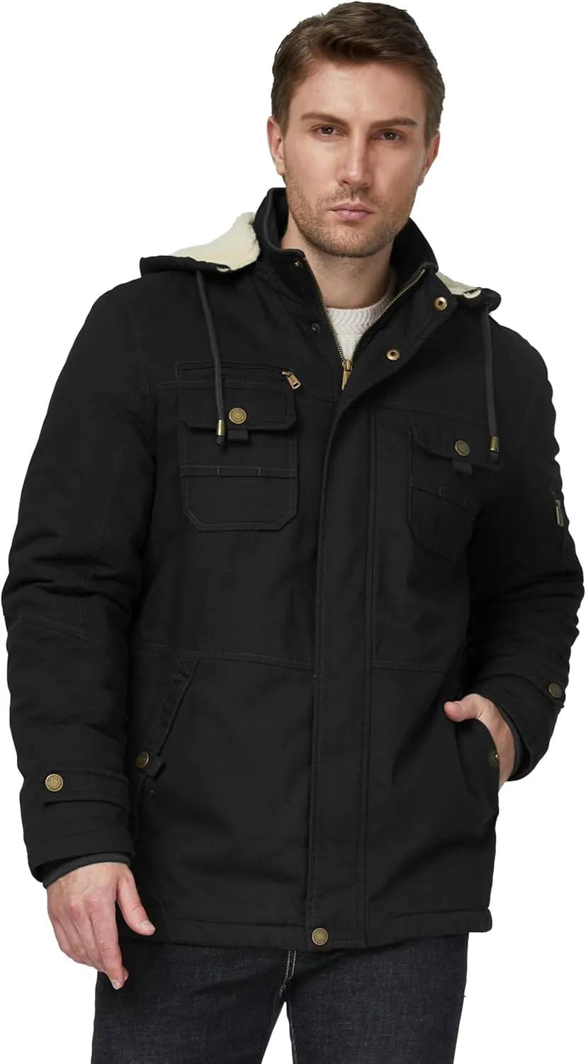 WenVen Men's Winter Sherpa Parka Mid Length Thicken Military Style Warm Jacket with Removable Hood