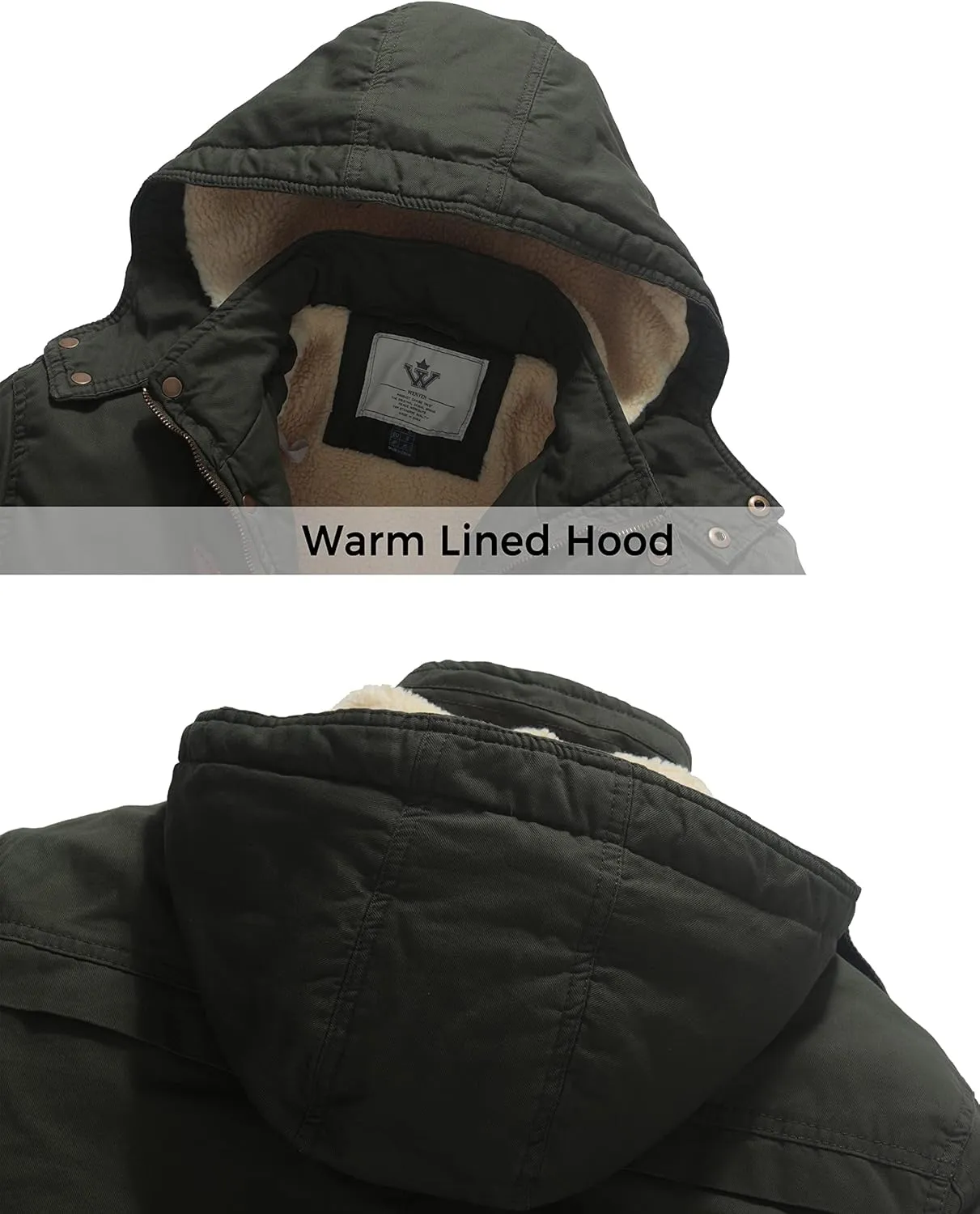 WenVen Men's Winter Sherpa Parka Mid Length Thicken Military Style Warm Jacket with Removable Hood