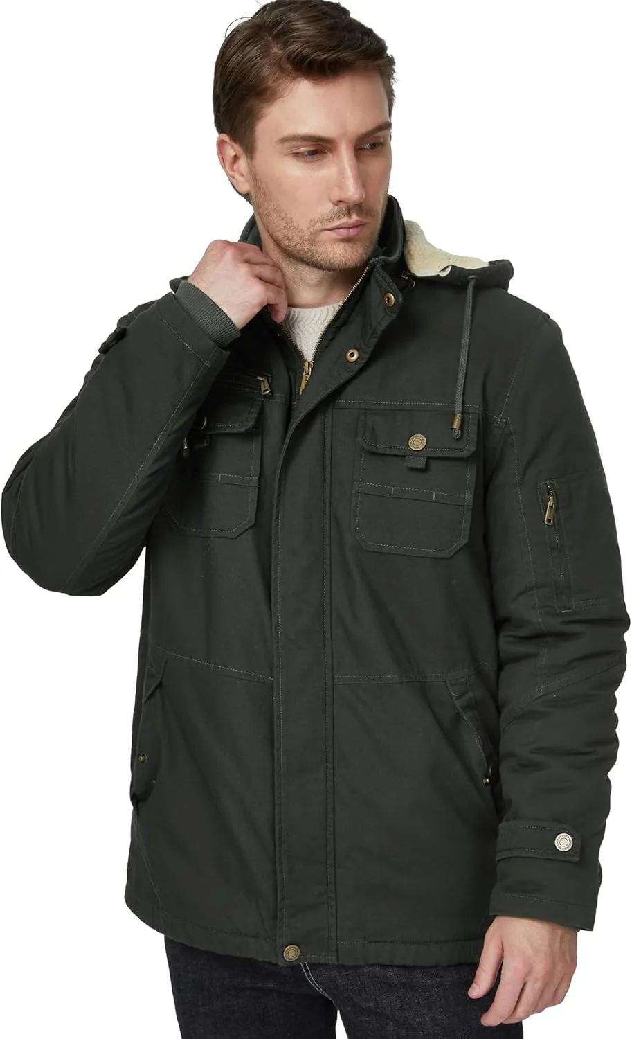 WenVen Men's Winter Sherpa Parka Mid Length Thicken Military Style Warm Jacket with Removable Hood