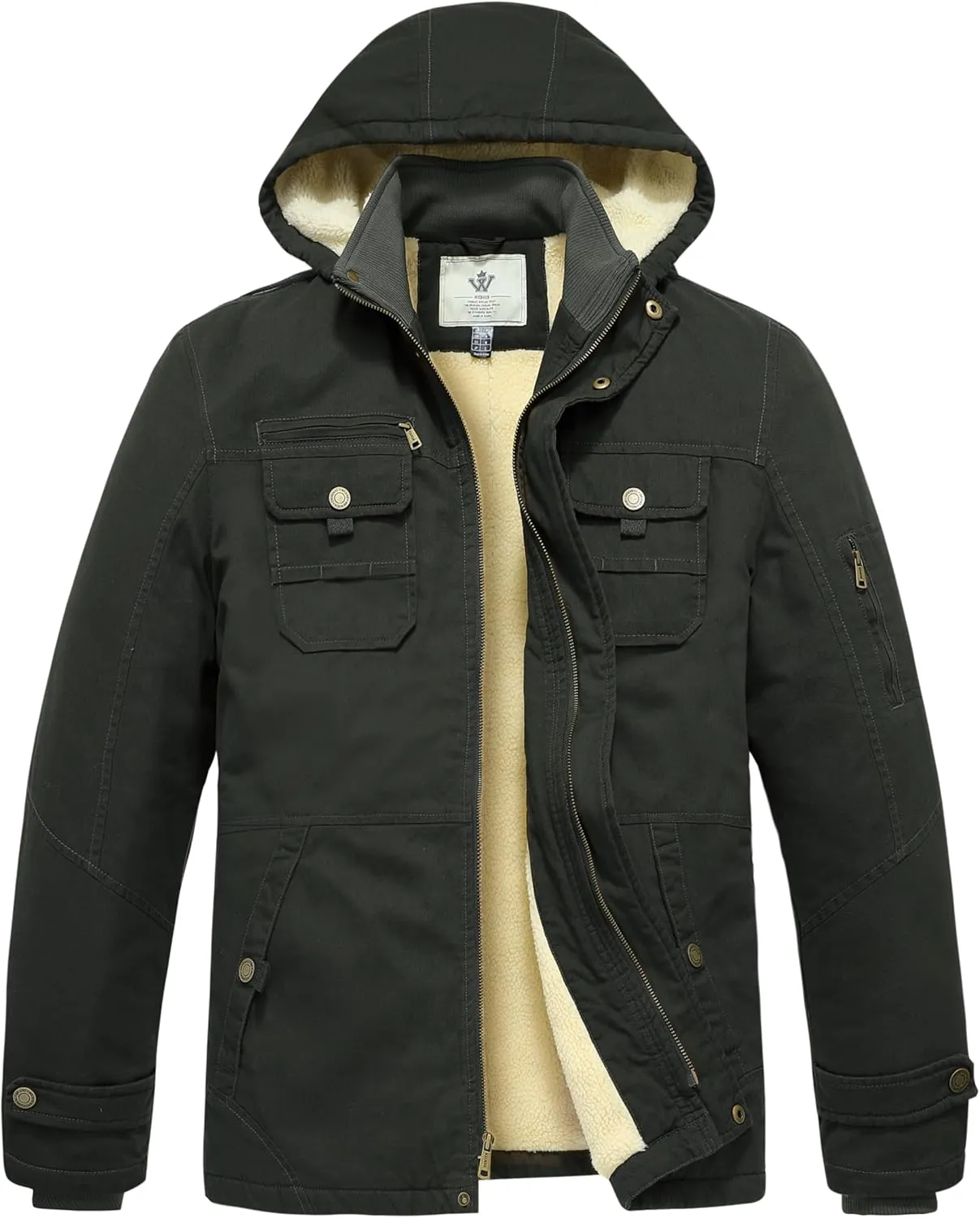 WenVen Men's Winter Sherpa Parka Mid Length Thicken Military Style Warm Jacket with Removable Hood