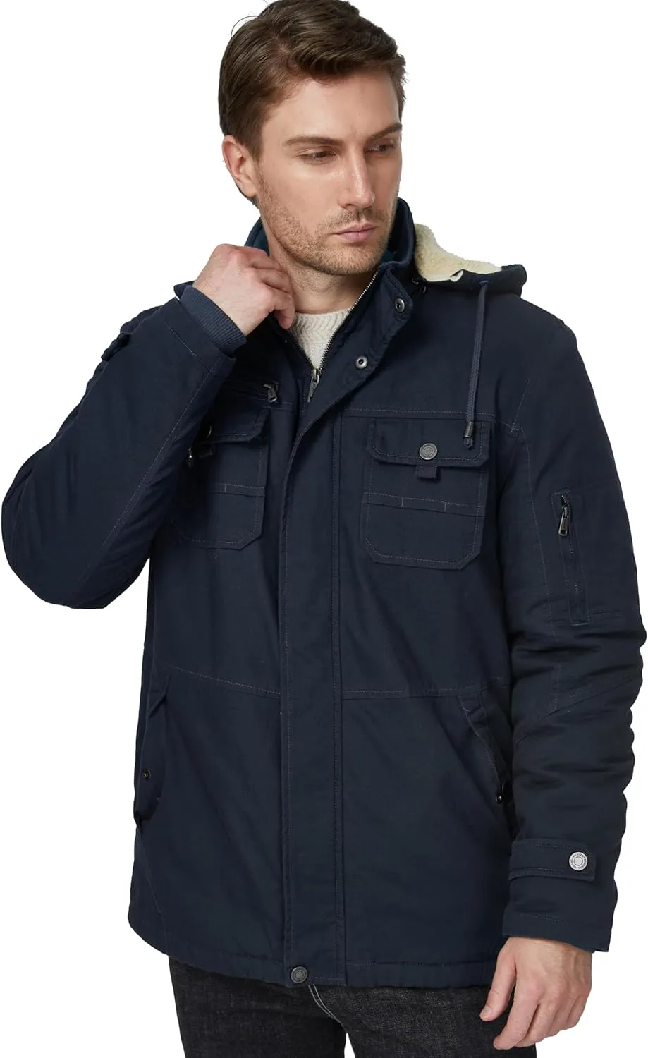 WenVen Men's Winter Sherpa Parka Mid Length Thicken Military Style Warm Jacket with Removable Hood