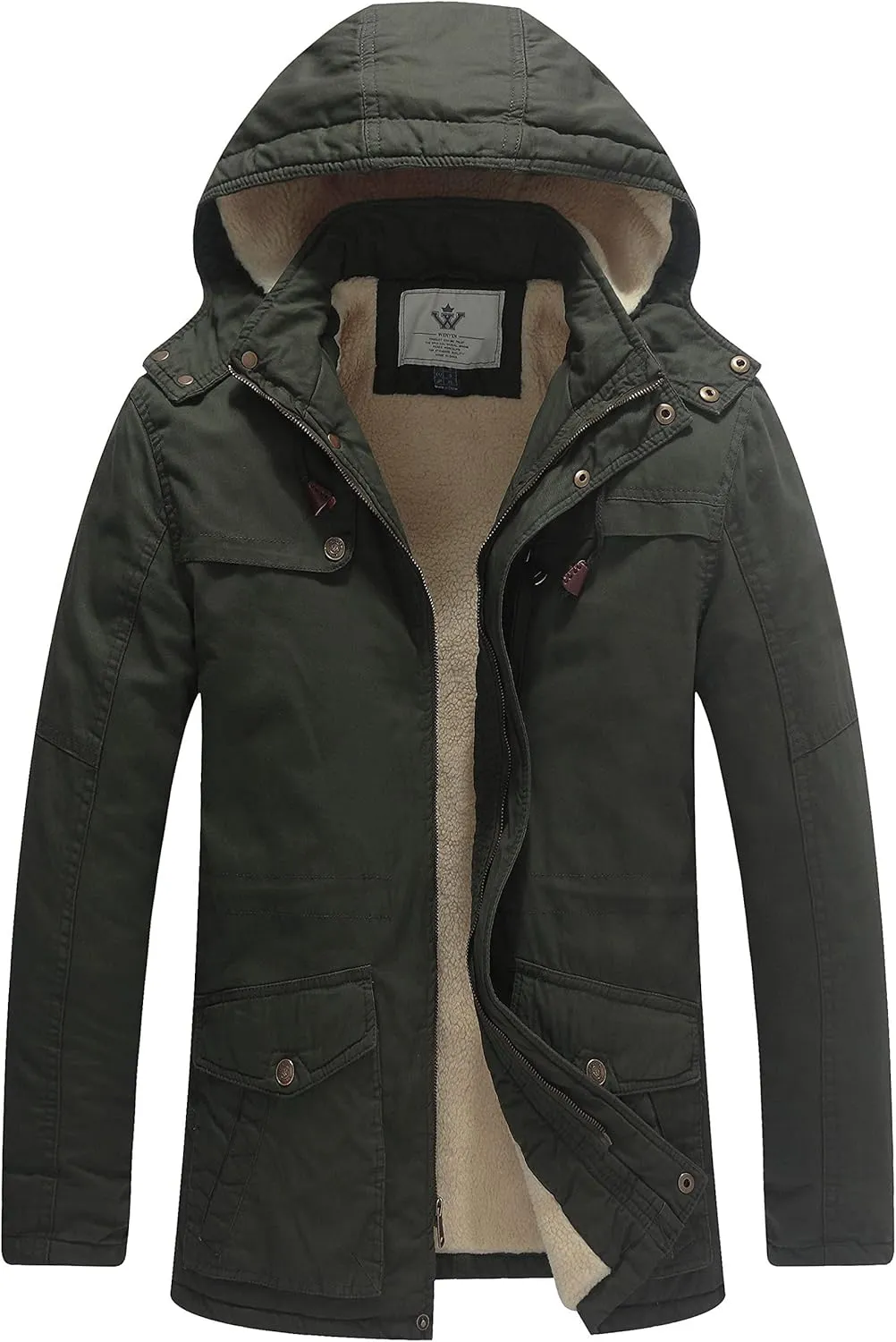 WenVen Men's Winter Sherpa Parka Mid Length Thicken Military Style Warm Jacket with Removable Hood