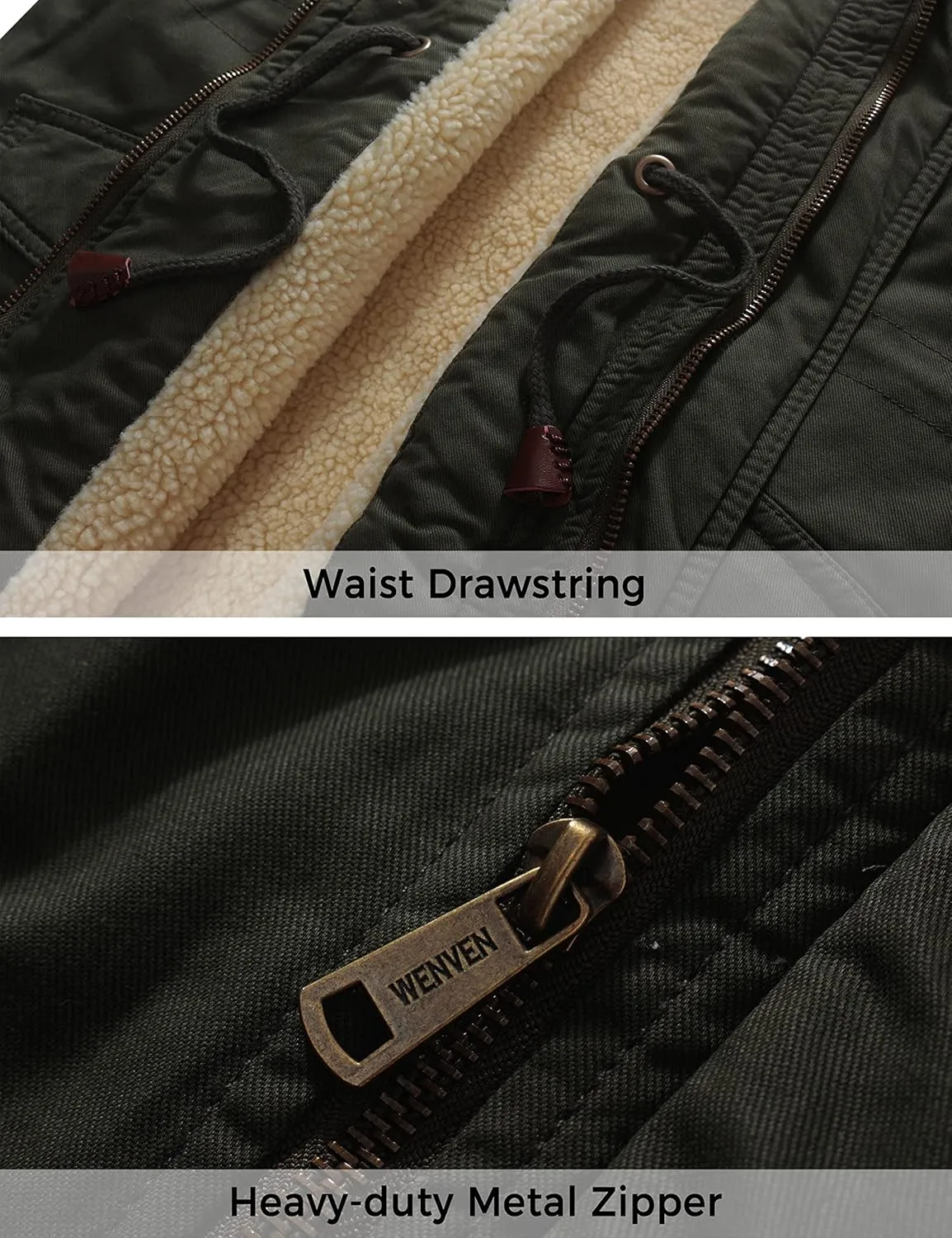 WenVen Men's Winter Sherpa Parka Mid Length Thicken Military Style Warm Jacket with Removable Hood
