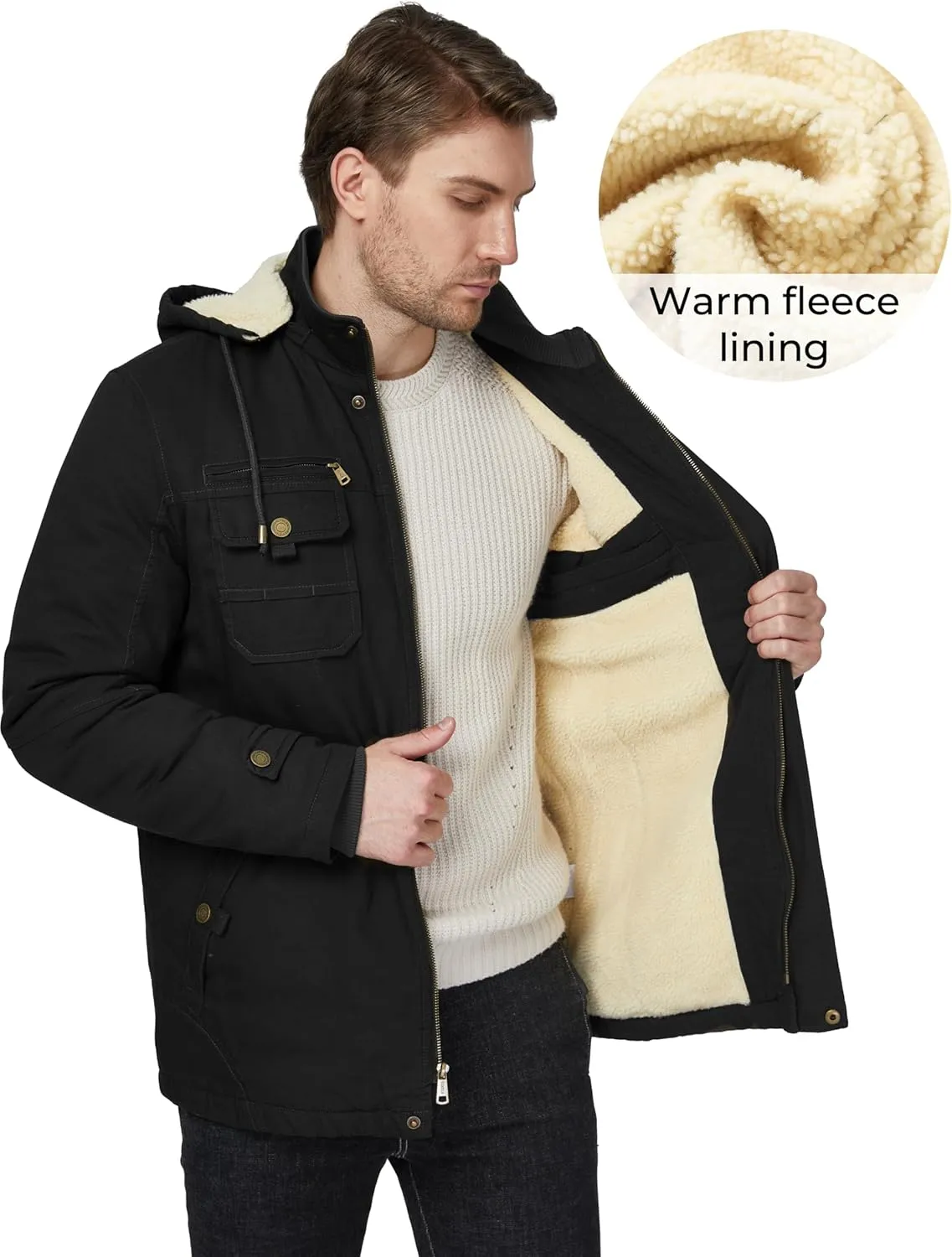 WenVen Men's Winter Sherpa Parka Mid Length Thicken Military Style Warm Jacket with Removable Hood