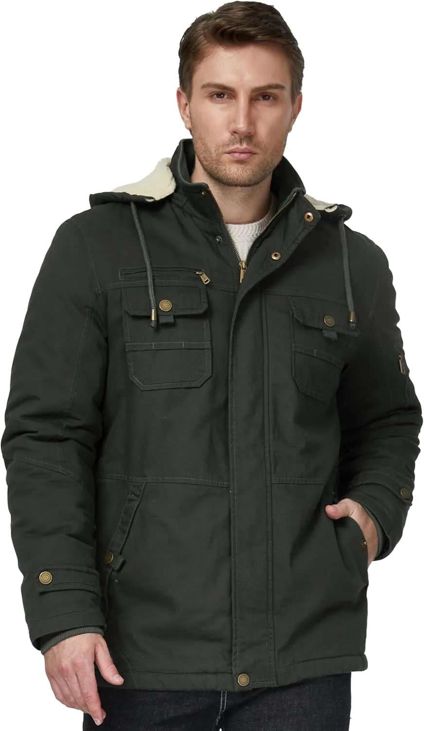 WenVen Men's Winter Sherpa Parka Mid Length Thicken Military Style Warm Jacket with Removable Hood