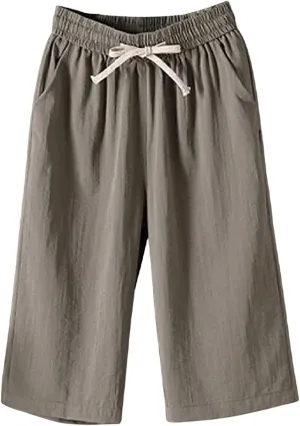 White Pants Women Casual Summer Loose Linen Elastic Wasit Drawstring Pants Plus Size Cropped Trousers