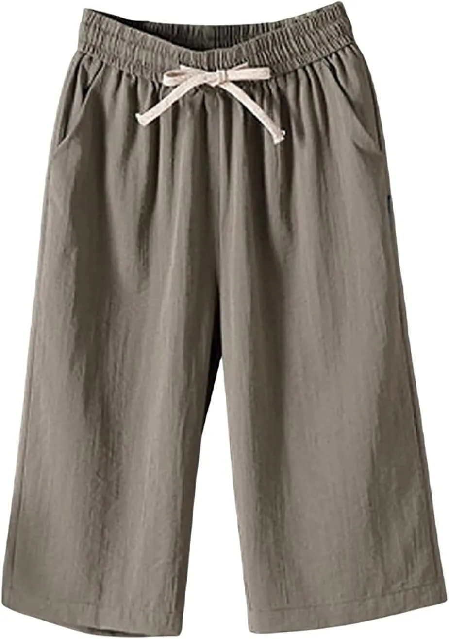 White Pants Women Casual Summer Loose Linen Elastic Wasit Drawstring Pants Plus Size Cropped Trousers