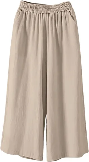 White Pants Women Casual Summer Loose Linen Elastic Wasit Drawstring Pants Plus Size Cropped Trousers