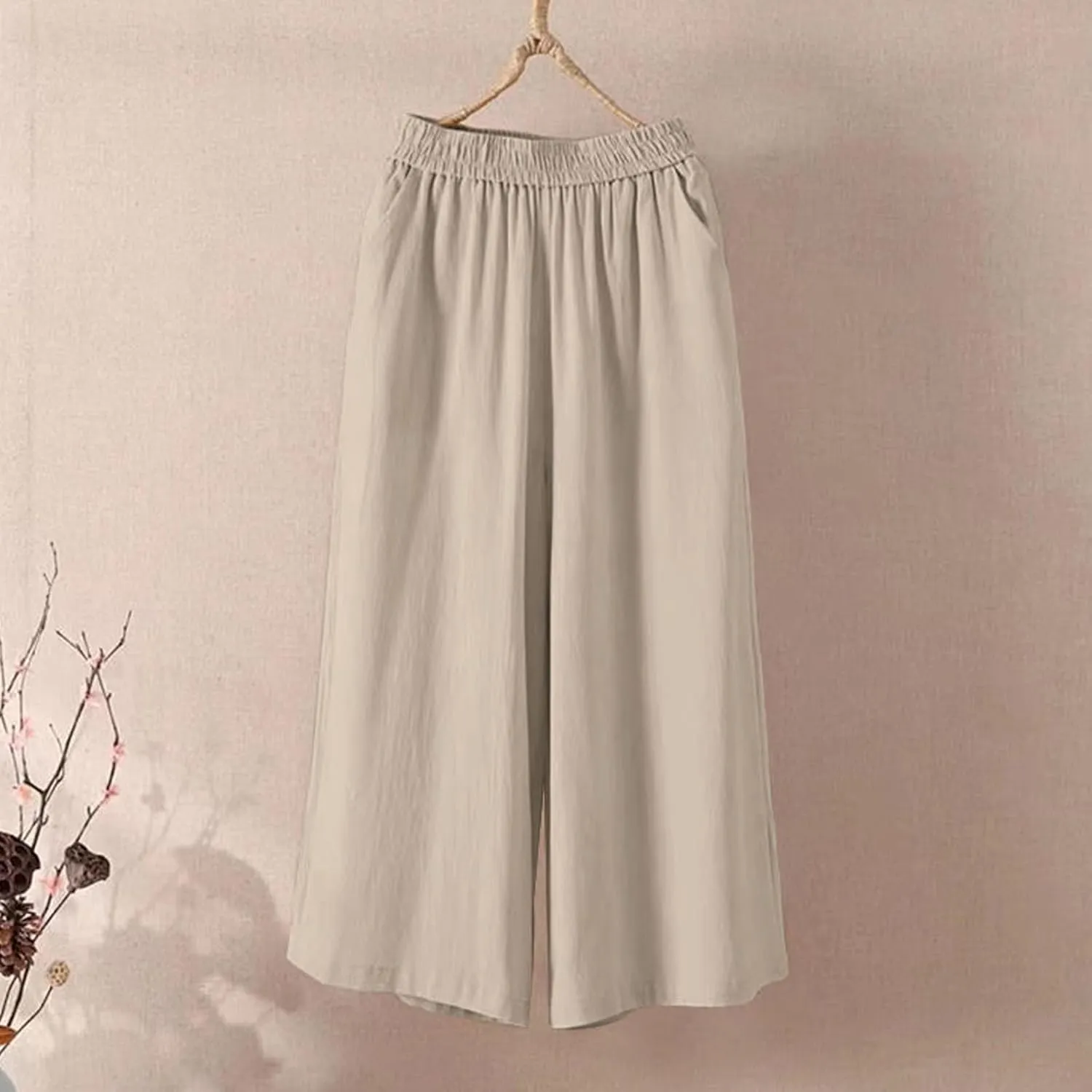 White Pants Women Casual Summer Loose Linen Elastic Wasit Drawstring Pants Plus Size Cropped Trousers