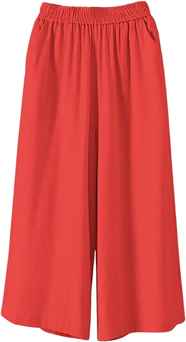 White Pants Women Casual Summer Loose Linen Elastic Wasit Drawstring Pants Plus Size Cropped Trousers