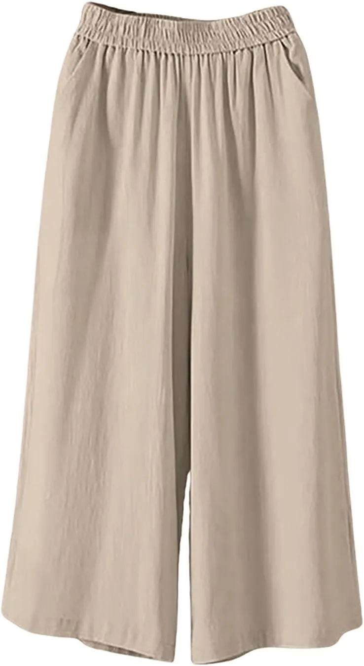 White Pants Women Casual Summer Loose Linen Elastic Wasit Drawstring Pants Plus Size Cropped Trousers