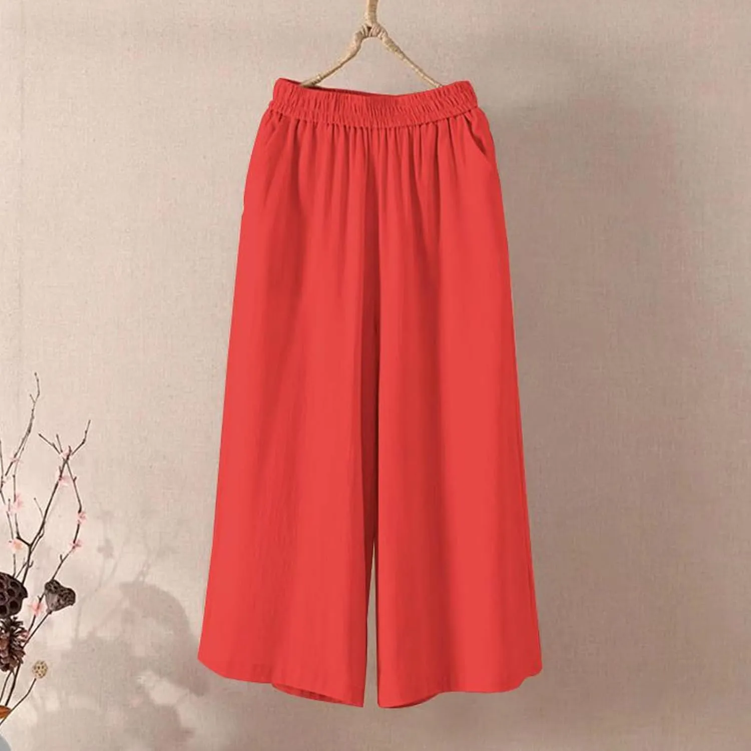 White Pants Women Casual Summer Loose Linen Elastic Wasit Drawstring Pants Plus Size Cropped Trousers
