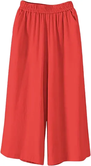 White Pants Women Casual Summer Loose Linen Elastic Wasit Drawstring Pants Plus Size Cropped Trousers
