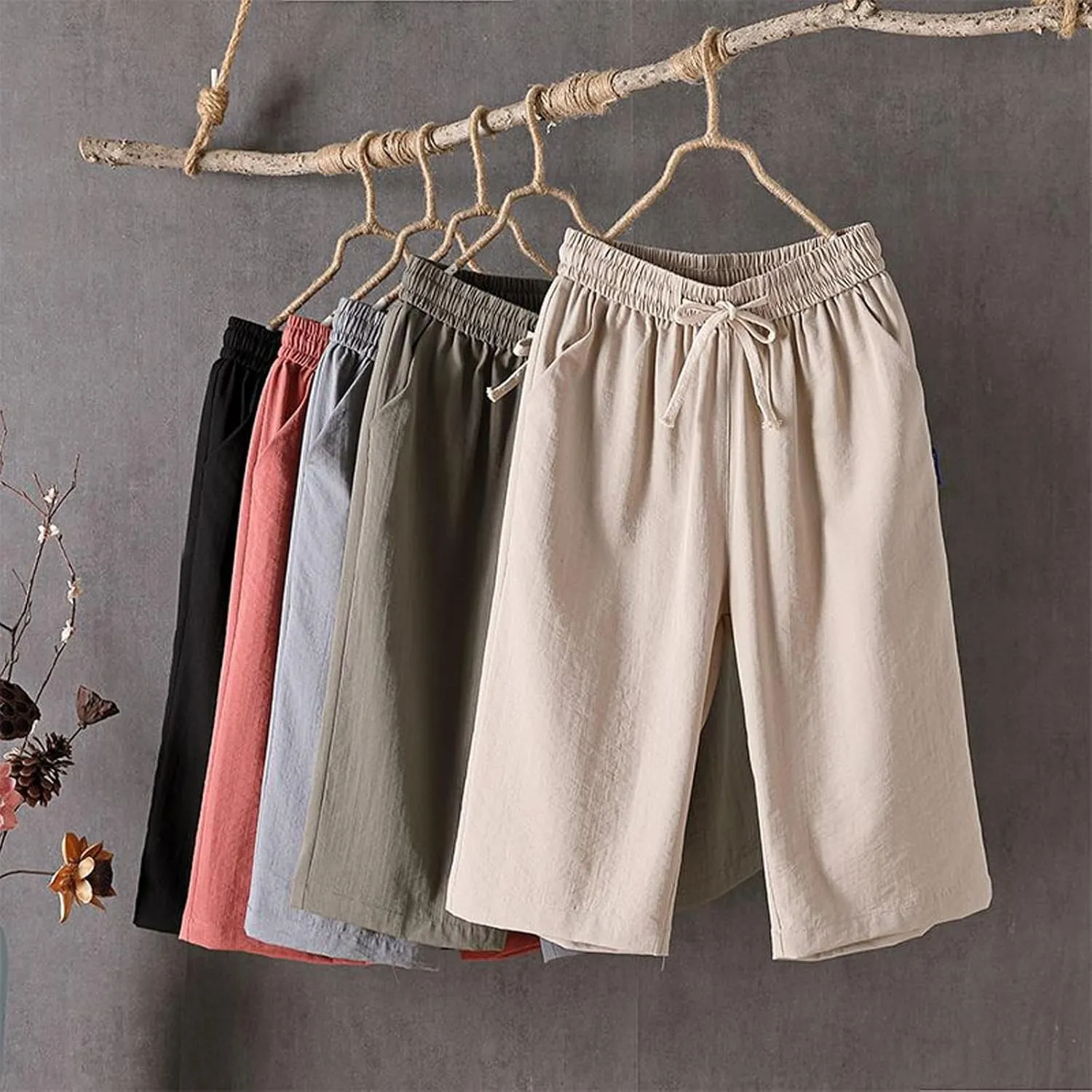 White Pants Women Casual Summer Loose Linen Elastic Wasit Drawstring Pants Plus Size Cropped Trousers