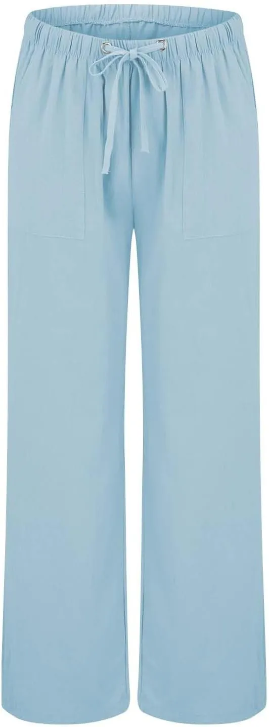 Wide Leg Linen Pants Woman Summer Elasticated Waist Drawstring Palazzo Pants Lightweight Beach Trousers with Pockets
