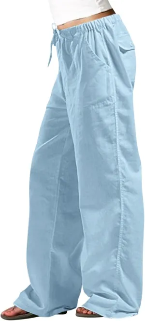 Wide Leg Linen Pants Woman Summer Elasticated Waist Drawstring Palazzo Pants Lightweight Beach Trousers with Pockets